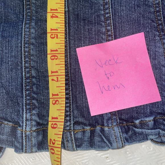 E by ECI Tailored Jacket Blue Denim Embroidered Floral Collared Snaps Read Size - Picture 8 of 11